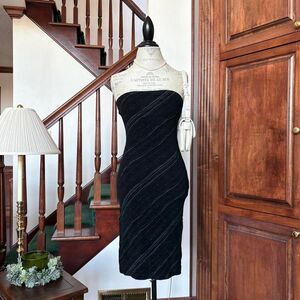 Y2K Charlotte Russe Black and Silver Bodycon Strapless Midi Dress